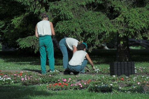 Three individuals working together in a lush, well-maintained garden during daytime, with two adults and a child involved in planting or tending to flower beds bordered by small, colorful flowers and greenery. The garden features a large, dense tree with dark green foliage providing shade, a neatly edged lawn with vibrant grass, and a paved pathway or patio area partially visible on the right. They are surrounded by tall trees and mature hedges, creating a quiet and private outdoor environment typical of a landscaped yard in the Golders Green area, reflecting professional gardening and landscaping standards. The weather appears clear, with natural light illuminating the vibrant plant life and natural tones of the garden landscape.