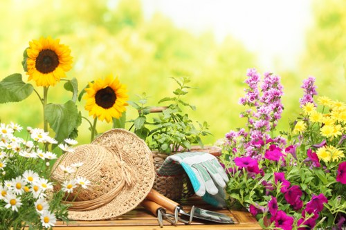 A colorful garden scene featuring a wooden outdoor table set against a blurred green background. The table displays a variety of gardening tools and accessories, including a wide-brimmed straw hat, a pair of gardening gloves, pruning shears, and a small trowel. Surrounding the table are vibrant flowers such as sunflowers with large yellow petals and dark centers, clusters of pink and purple blossoms, along with white daisies, all adding natural colour and texture to the scene. The garden area appears well-maintained, with lush greenery, and the lighting suggests a bright, sunny day, typical of outdoor gardening opportunities in the Golders Green area. This image supports landscaping and gardening services offered by Landscapers Golders Green, emphasizing outdoor aesthetic enhancement and plant care in residential gardens within the NW11 postcode district.